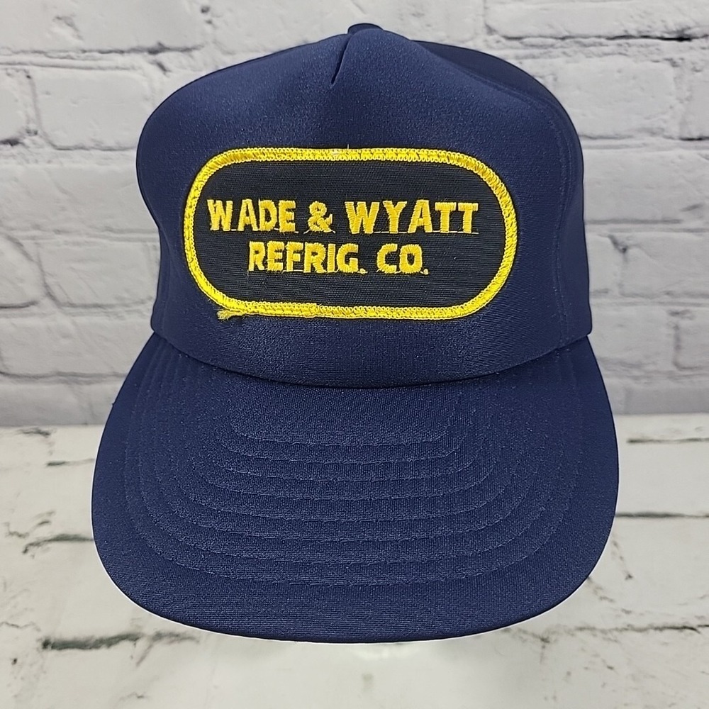 Vintage Trucker Hat Wade Wyatt Refrig Crew Patch Navy Blue All Foam Snapback Cap